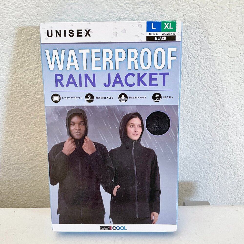 NEW 32 Degrees Cool Waterproof Rain Jacket Unisex Black Mens L Womens XL UPF 50+